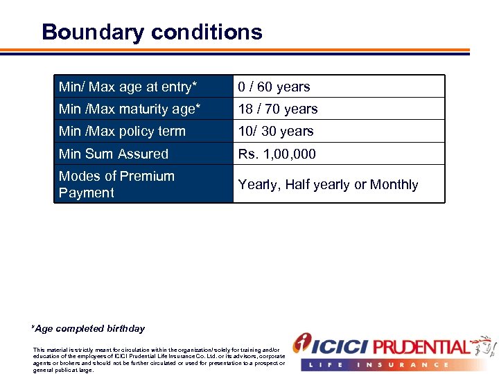 Boundary conditions Min/ Max age at entry* 0 / 60 years Min /Max maturity