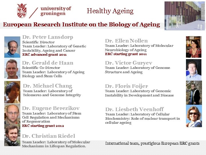 Healthy Ageing European Research Institute on the Biology of Ageing Dr. Peter Lansdorp Scientific