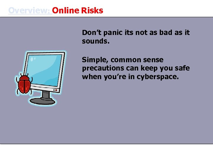 Overview: Online Risks Don’t panic its not as bad as it sounds. Simple, common