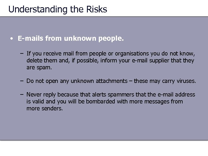 Understanding the Risks • E-mails from unknown people. – If you receive mail from