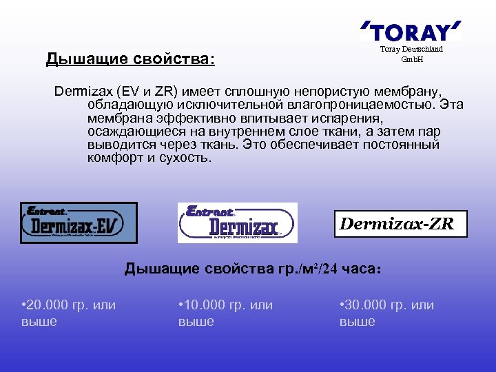 Дышащие свойства: Toray Deutschland Gmb. H Dermizax (EV и ZR) имеет сплошную непористую мембрану,