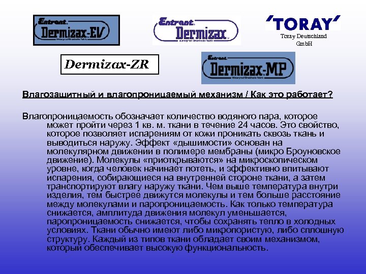 Toray Deutschland Gmb. H Dermizax-ZR Влагозащитный и влагопроницаемый механизм / Как это работает? Влагопроницаемость