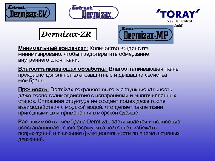 Toray Deutschland Gmb. H Dermizax-ZR Минимальный конденсат: Количество конденсата минимизировано, чтобы предотвратить обмерзание внутреннего
