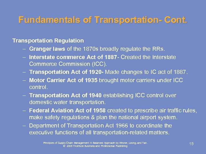 Fundamentals of Transportation- Cont. Transportation Regulation – Granger laws of the 1870 s broadly