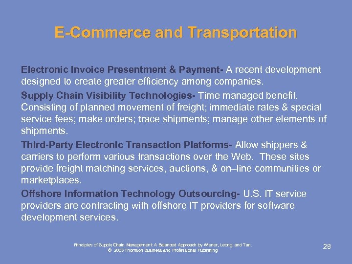 E-Commerce and Transportation Electronic Invoice Presentment & Payment- A recent development designed to create