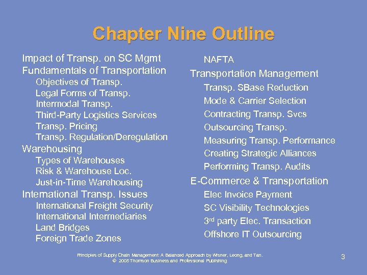 Chapter Nine Outline Impact of Transp. on SC Mgmt Fundamentals of Transportation Objectives of