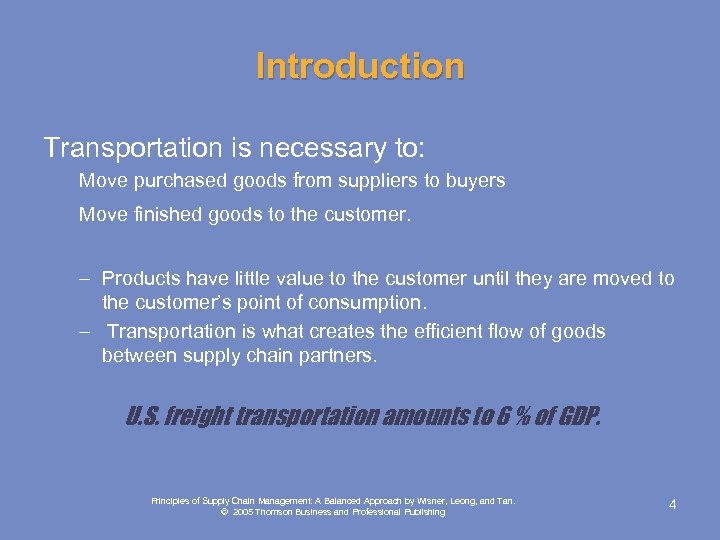 Introduction Transportation is necessary to: Move purchased goods from suppliers to buyers Move finished