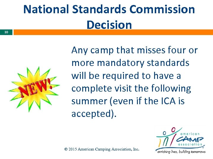 10 National Standards Commission Decision Any camp that misses four or more mandatory standards