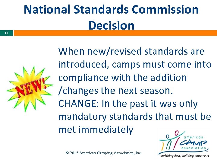11 National Standards Commission Decision When new/revised standards are introduced, camps must come into