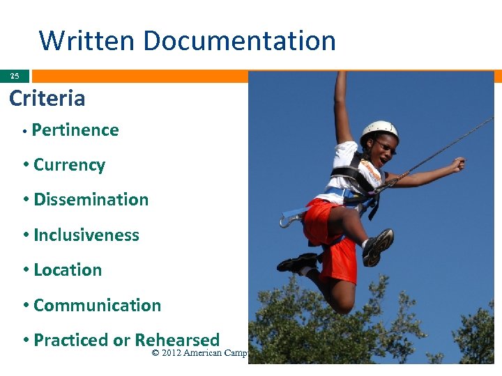 Written Documentation 25 Criteria • Pertinence • Currency • Dissemination • Inclusiveness • Location
