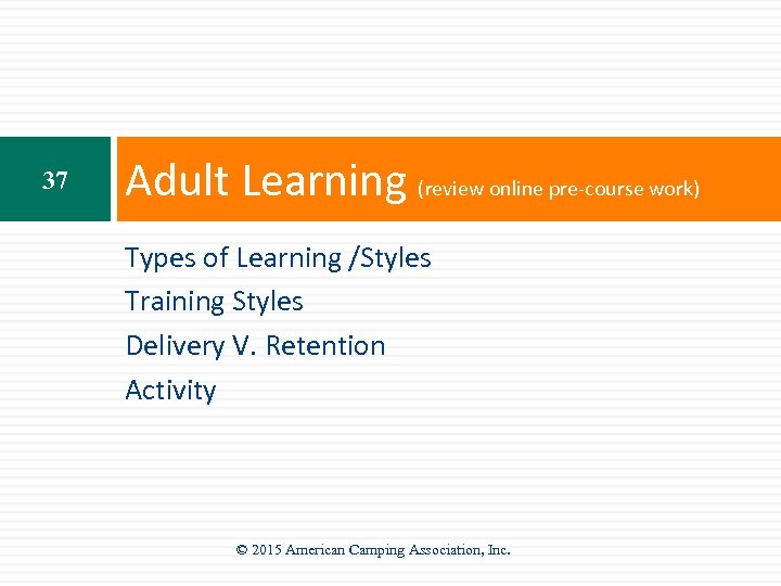 37 Adult Learning (review online pre-course work) Types of Learning /Styles Training Styles Delivery