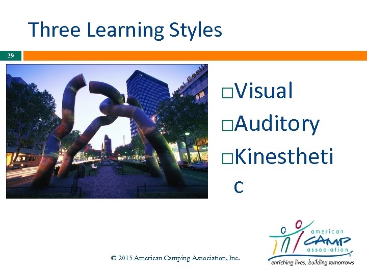 Three Learning Styles 39 Visual Auditory Kinestheti c © 2015 American Camping Association, Inc.