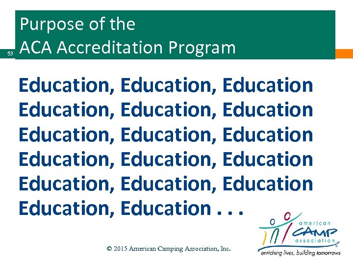 53 Purpose of the ACA Accreditation Program Education, Education, Education Education, Education. . .