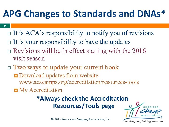 APG Changes to Standards and DNAs* 9 It is ACA’s responsibility to notify you