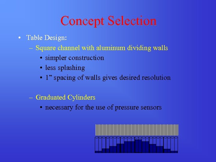 Concept Selection • Table Design: – Square channel with aluminum dividing walls • simpler