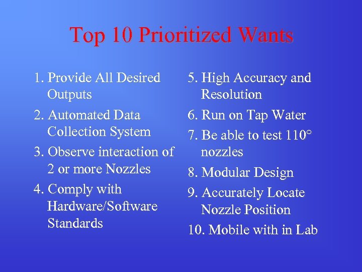 Top 10 Prioritized Wants 1. Provide All Desired Outputs 2. Automated Data Collection System