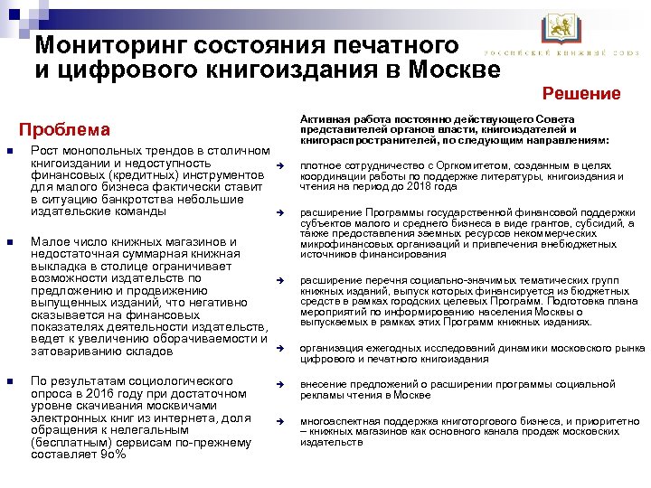 Мониторинг состояния печатного и цифрового книгоиздания в Москве Решение Проблема n n n Рост