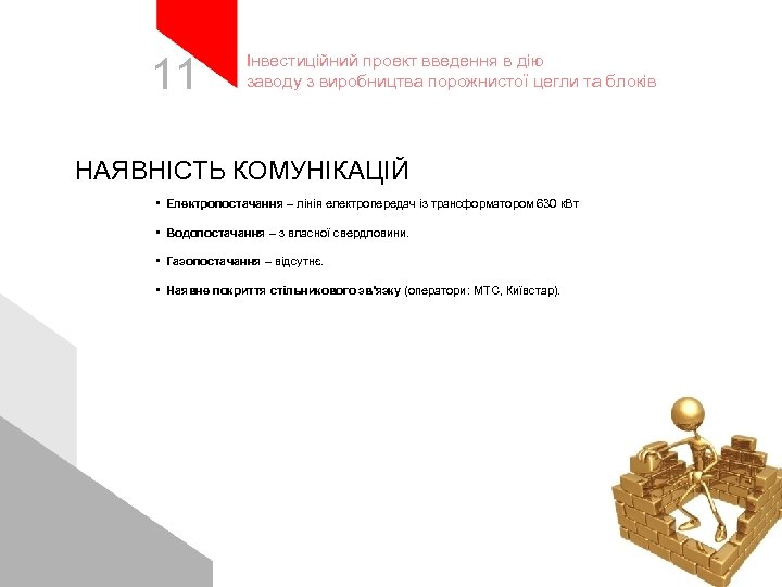 11 Інвестиційний проект введення в дію заводу з виробництва порожнистої цегли та блоків НАЯВНІСТЬ