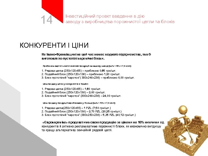 14 Інвестиційний проект введення в дію заводу з виробництва порожнистої цегли та блоків КОНКУРЕНТИ