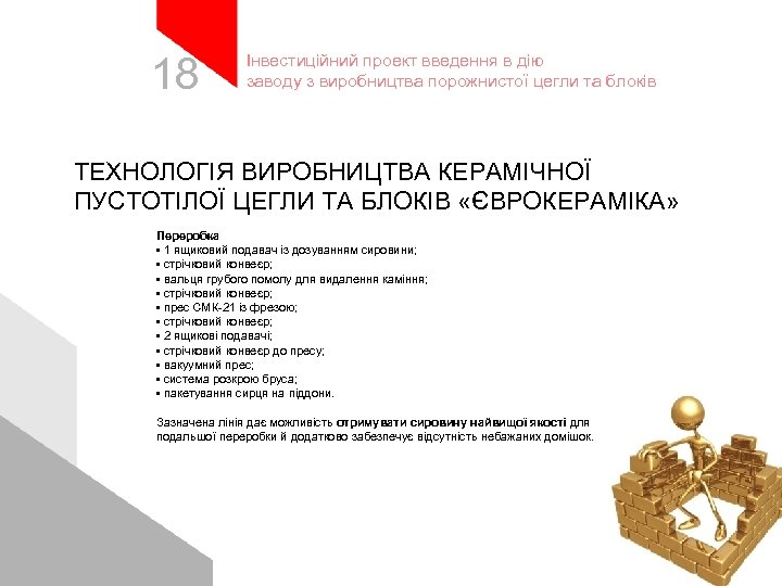 18 Інвестиційний проект введення в дію заводу з виробництва порожнистої цегли та блоків ТЕХНОЛОГІЯ