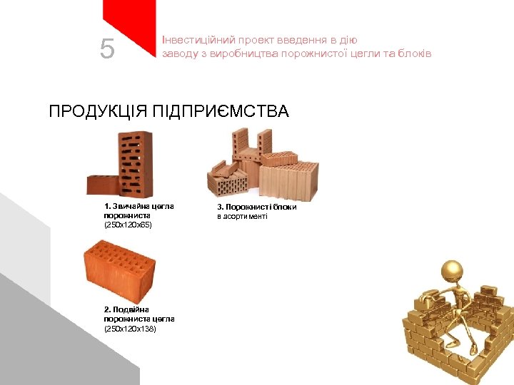 5 Інвестиційний проект введення в дію заводу з виробництва порожнистої цегли та блоків ПРОДУКЦІЯ