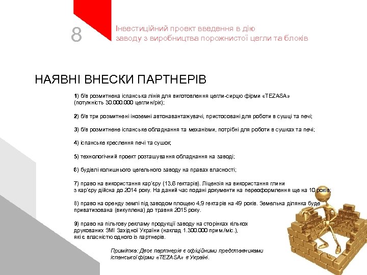 8 Інвестиційний проект введення в дію заводу з виробництва порожнистої цегли та блоків НАЯВНІ