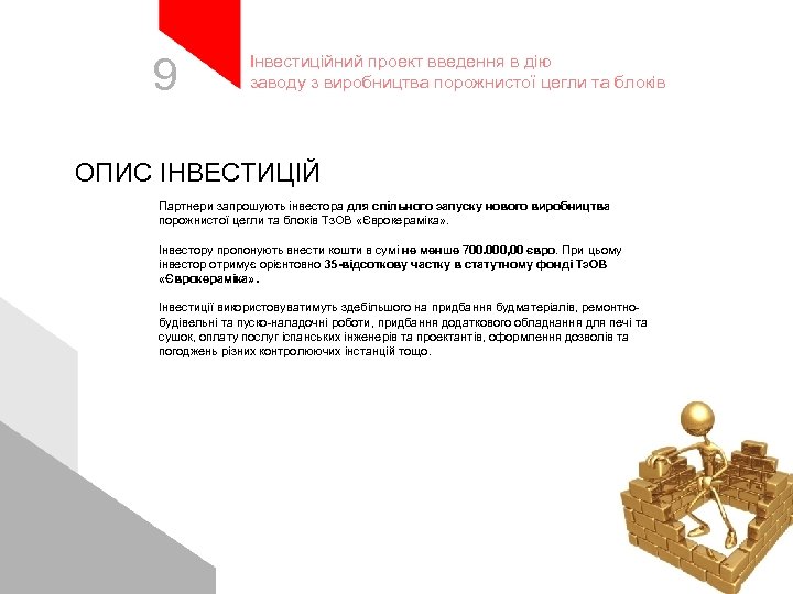 9 Інвестиційний проект введення в дію заводу з виробництва порожнистої цегли та блоків ОПИС