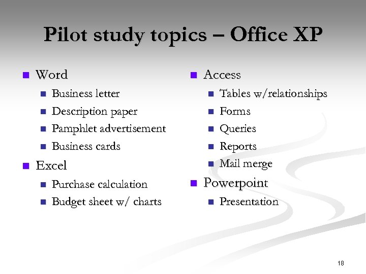 Pilot study topics – Office XP n Word n n n Business letter Description