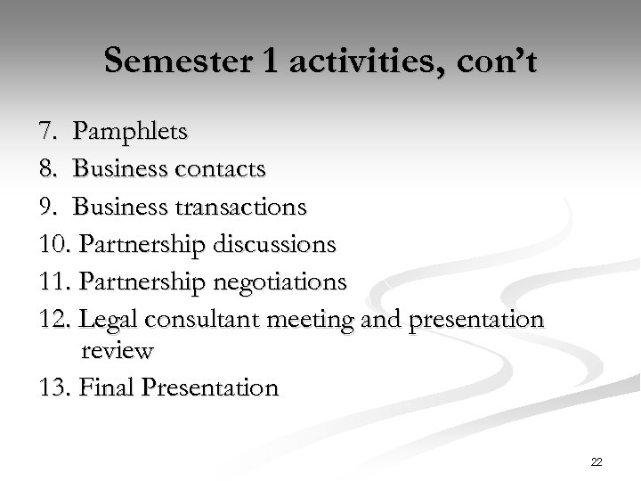 Semester 1 activities, con’t 7. Pamphlets 8. Business contacts 9. Business transactions 10. Partnership