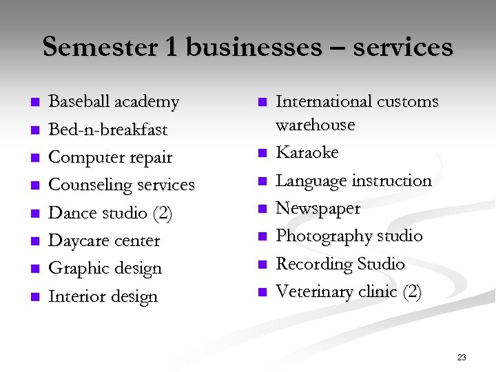 Semester 1 businesses – services n n n n Baseball academy Bed-n-breakfast Computer repair