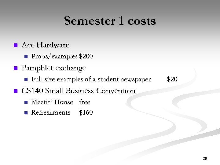 Semester 1 costs n Ace Hardware n n Pamphlet exchange n n Props/examples $200