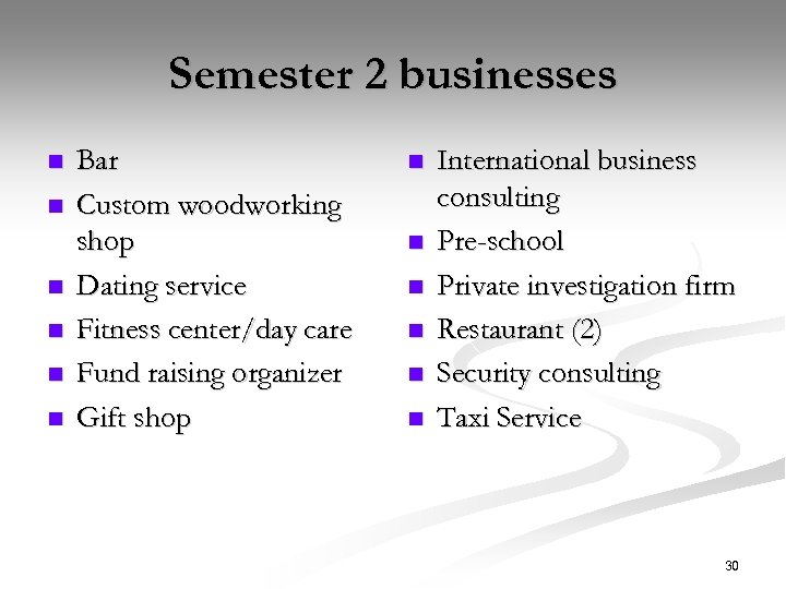 Semester 2 businesses n n n Bar Custom woodworking shop Dating service Fitness center/day