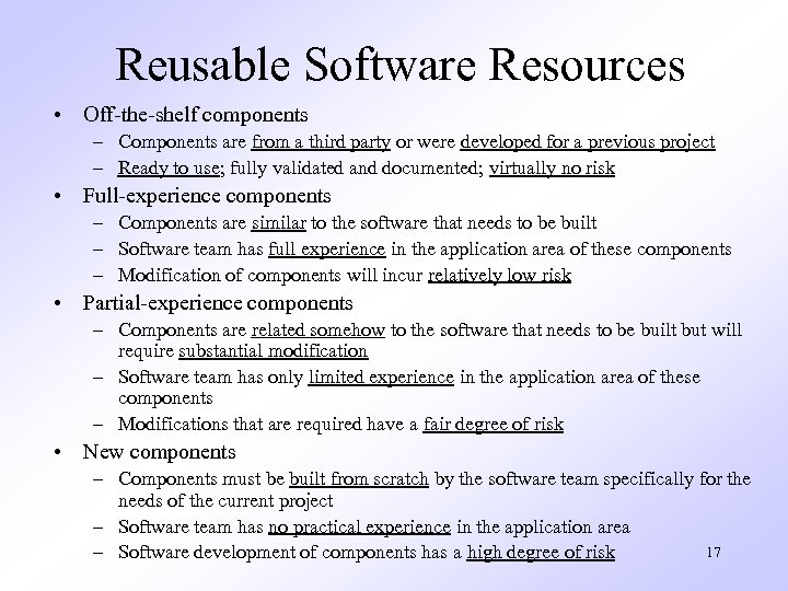 Reusable Software Resources • Off-the-shelf components – Components are from a third party or