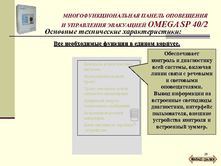 МНОГОФУНКЦИОНАЛЬНАЯ ПАНЕЛЬ ОПОВЕЩЕНИЯ И УПРАВЛЕНИЯ ЭВАКУАЦИЕЙ OMEGA SP Основные технические характеристики: 40/2 Все необходимые