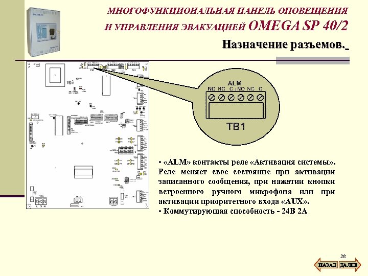 МНОГОФУНКЦИОНАЛЬНАЯ ПАНЕЛЬ ОПОВЕЩЕНИЯ И УПРАВЛЕНИЯ ЭВАКУАЦИЕЙ OMEGA SP 40/2 Назначение разъемов. • «ALM» контакты