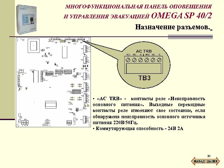 МНОГОФУНКЦИОНАЛЬНАЯ ПАНЕЛЬ ОПОВЕЩЕНИЯ И УПРАВЛЕНИЯ ЭВАКУАЦИЕЙ OMEGA SP 40/2 Назначение разъемов. • «AC TRB»