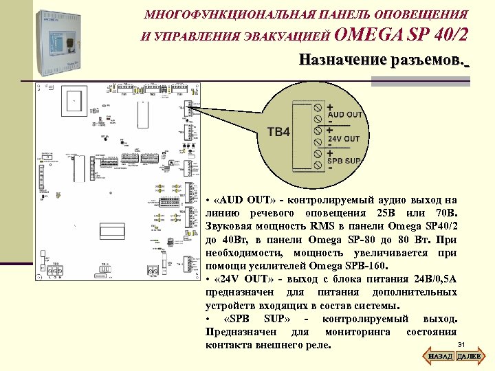 МНОГОФУНКЦИОНАЛЬНАЯ ПАНЕЛЬ ОПОВЕЩЕНИЯ И УПРАВЛЕНИЯ ЭВАКУАЦИЕЙ OMEGA SP 40/2 Назначение разъемов. • «AUD OUT»