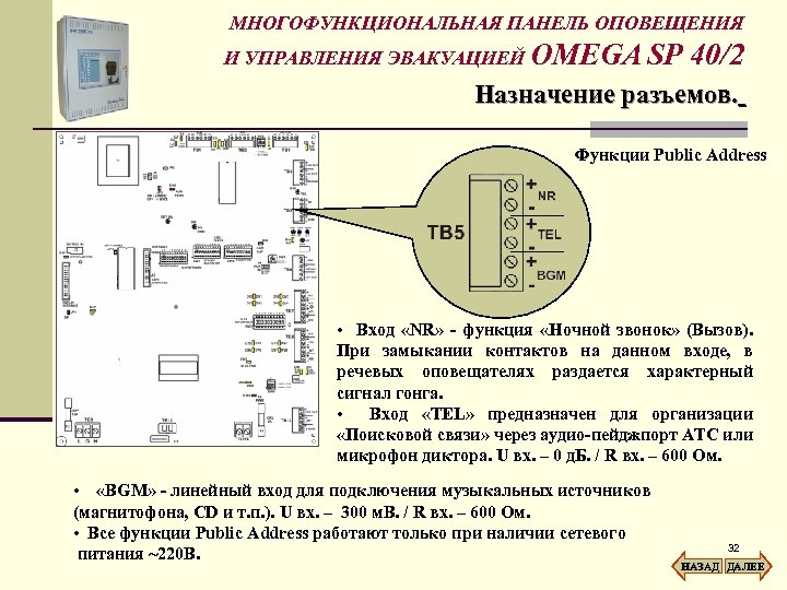 МНОГОФУНКЦИОНАЛЬНАЯ ПАНЕЛЬ ОПОВЕЩЕНИЯ И УПРАВЛЕНИЯ ЭВАКУАЦИЕЙ OMEGA SP 40/2 Назначение разъемов. Функции Public Address