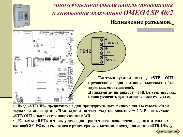 МНОГОФУНКЦИОНАЛЬНАЯ ПАНЕЛЬ ОПОВЕЩЕНИЯ И УПРАВЛЕНИЯ ЭВАКУАЦИЕЙ OMEGA SP 40/2 Назначение разъемов. • Контролируемый выход