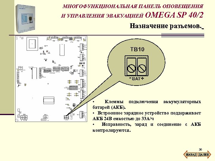 МНОГОФУНКЦИОНАЛЬНАЯ ПАНЕЛЬ ОПОВЕЩЕНИЯ И УПРАВЛЕНИЯ ЭВАКУАЦИЕЙ OMEGA SP 40/2 Назначение разъемов. • Клеммы подключения