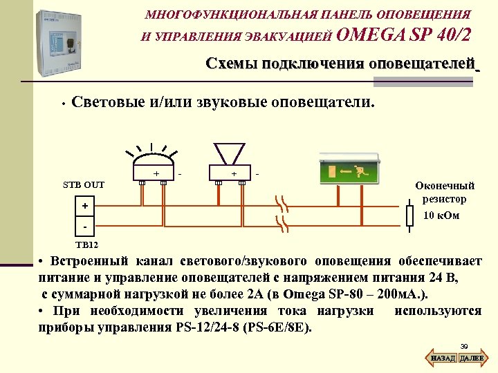 МНОГОФУНКЦИОНАЛЬНАЯ ПАНЕЛЬ ОПОВЕЩЕНИЯ И УПРАВЛЕНИЯ ЭВАКУАЦИЕЙ OMEGA SP 40/2 Схемы подключения оповещателей • Световые
