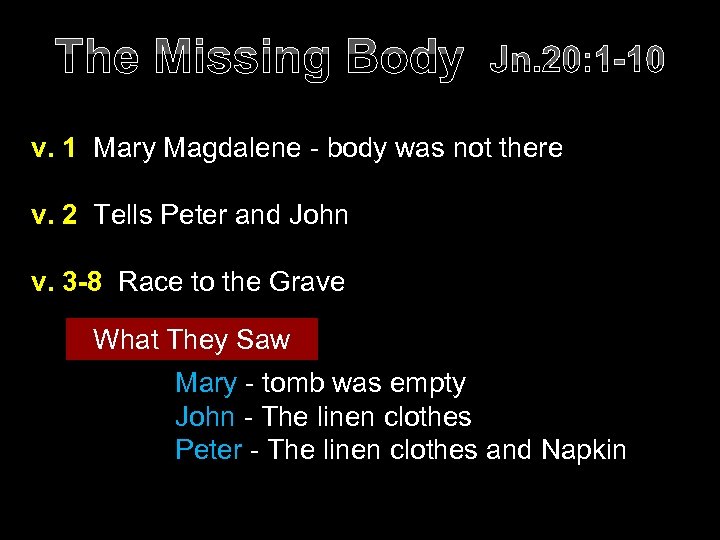 The Missing Body Jn. 20: 1 -10 v. 1 Mary Magdalene - body was