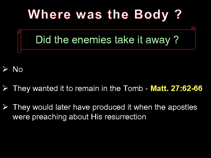 Where was the Body ? Did the enemies take it away ? Ø No