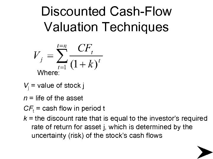 Discounted Cash-Flow Valuation Techniques Where: Vj = value of stock j n = life