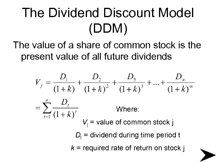 The Dividend Discount Model (DDM) The value of a share of common stock is