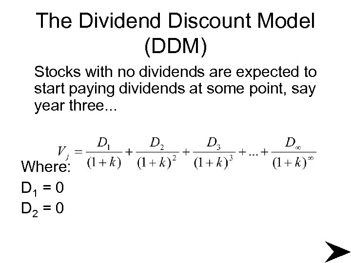 The Dividend Discount Model (DDM) Stocks with no dividends are expected to start paying
