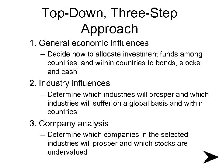 Top-Down, Three-Step Approach 1. General economic influences – Decide how to allocate investment funds