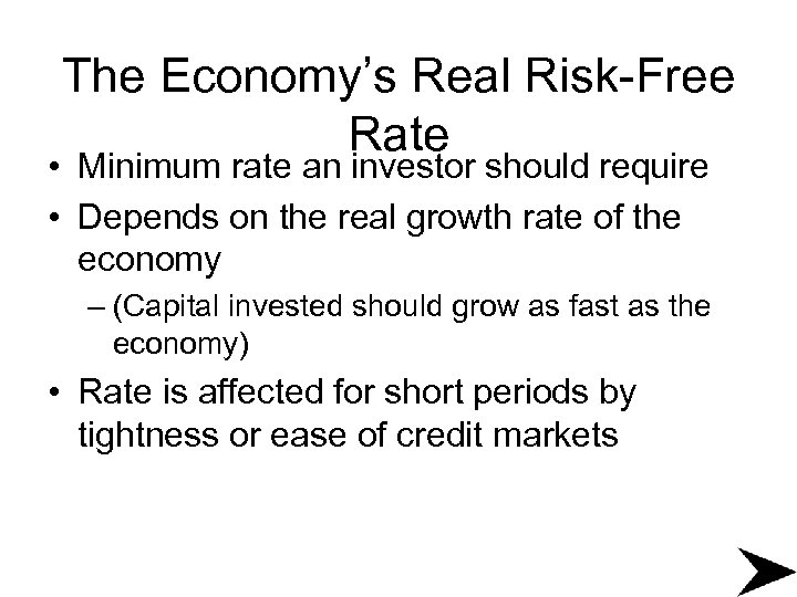 The Economy’s Real Risk-Free Rate • Minimum rate an investor should require • Depends