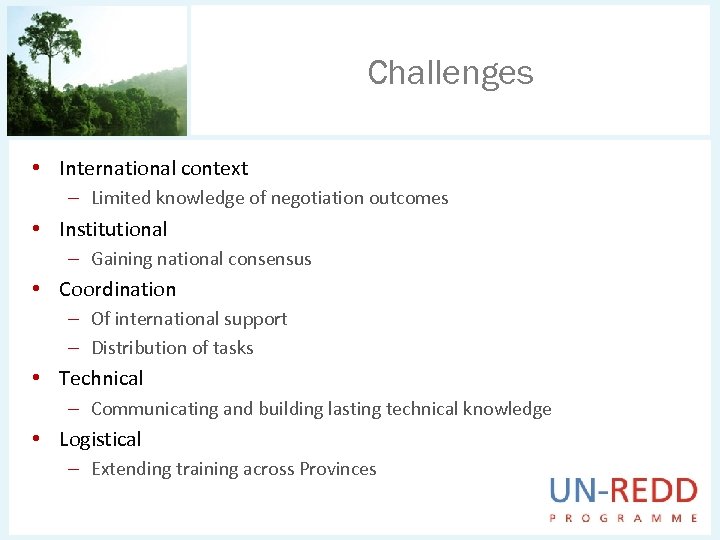 Challenges • International context – Limited knowledge of negotiation outcomes • Institutional – Gaining