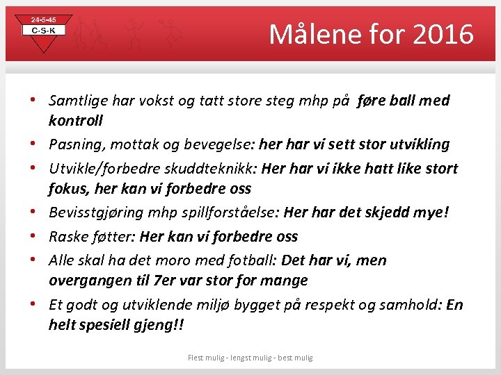 Målene for 2016 • Samtlige har vokst og tatt store steg mhp på føre